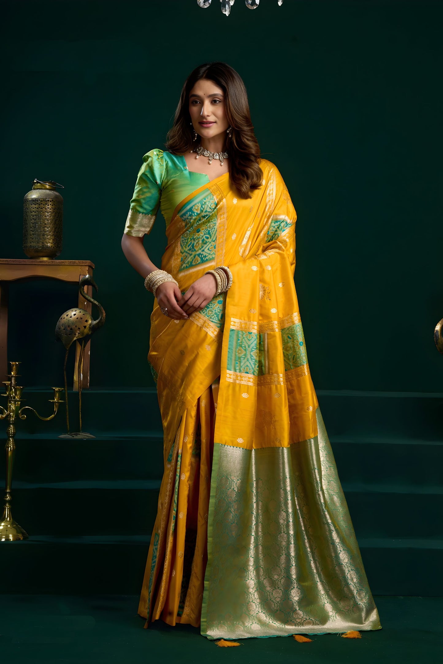 Mustard Yellow Soft Silk Saree with Green Contrast Border 