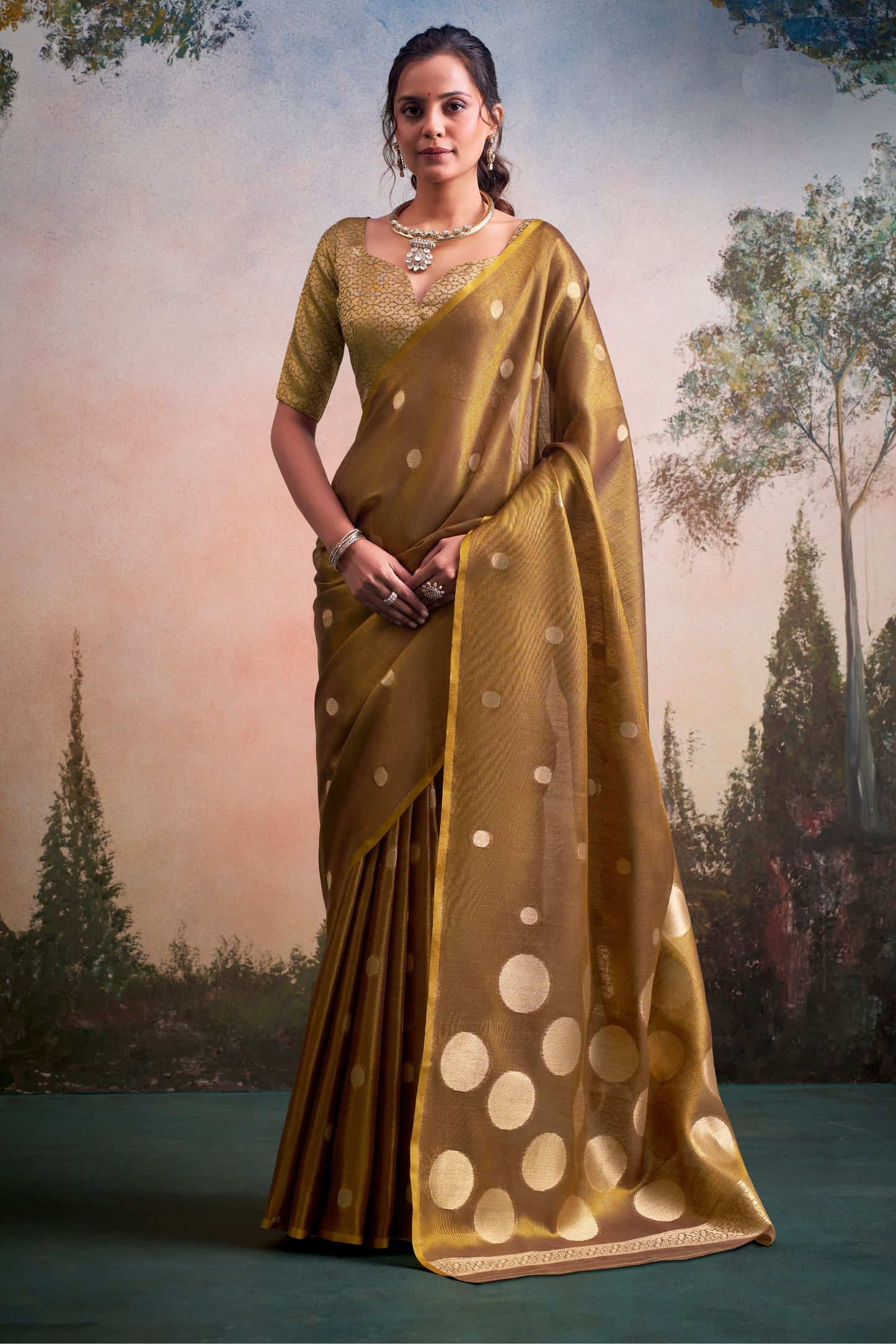 Rich Golden Brown Silk Saree Zari Polka Dot Weaving Designer Saree