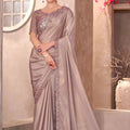 Dusty Mauve Satin Silk Saree Embroidered Border Sequined Blouse