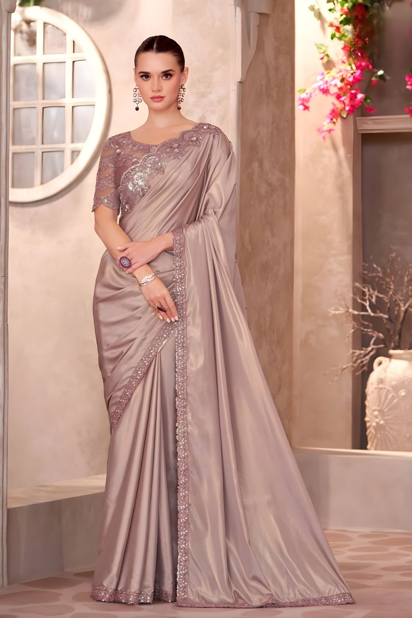 Dusty Mauve Satin Silk Saree Embroidered Border Sequined Blouse
