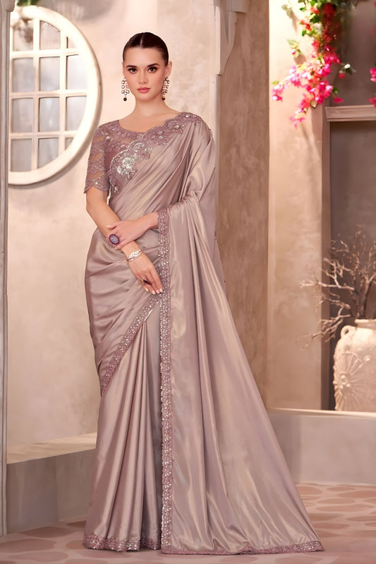 Dusty Mauve Satin Silk Saree Embroidered Border Sequined Blouse
