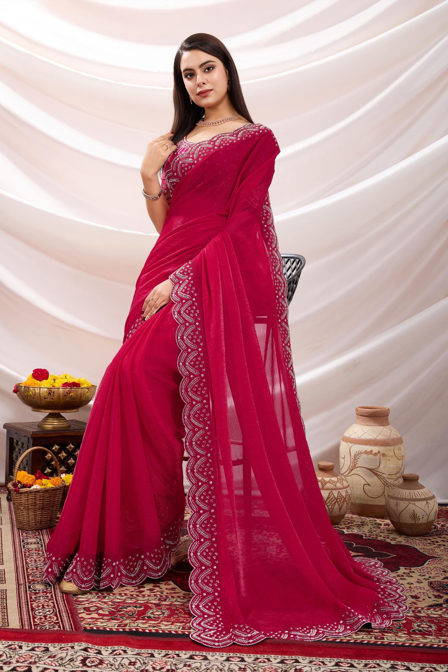Designer Rani Pink Georgette Saree with Embroidered Border Blouse
