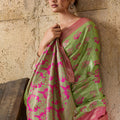 Green Banarasi Silk Saree Pink Zari Border Floral Weaving Saree
