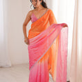 Peach Orange Hot Pink Ombre Organza Saree Embroidered Border