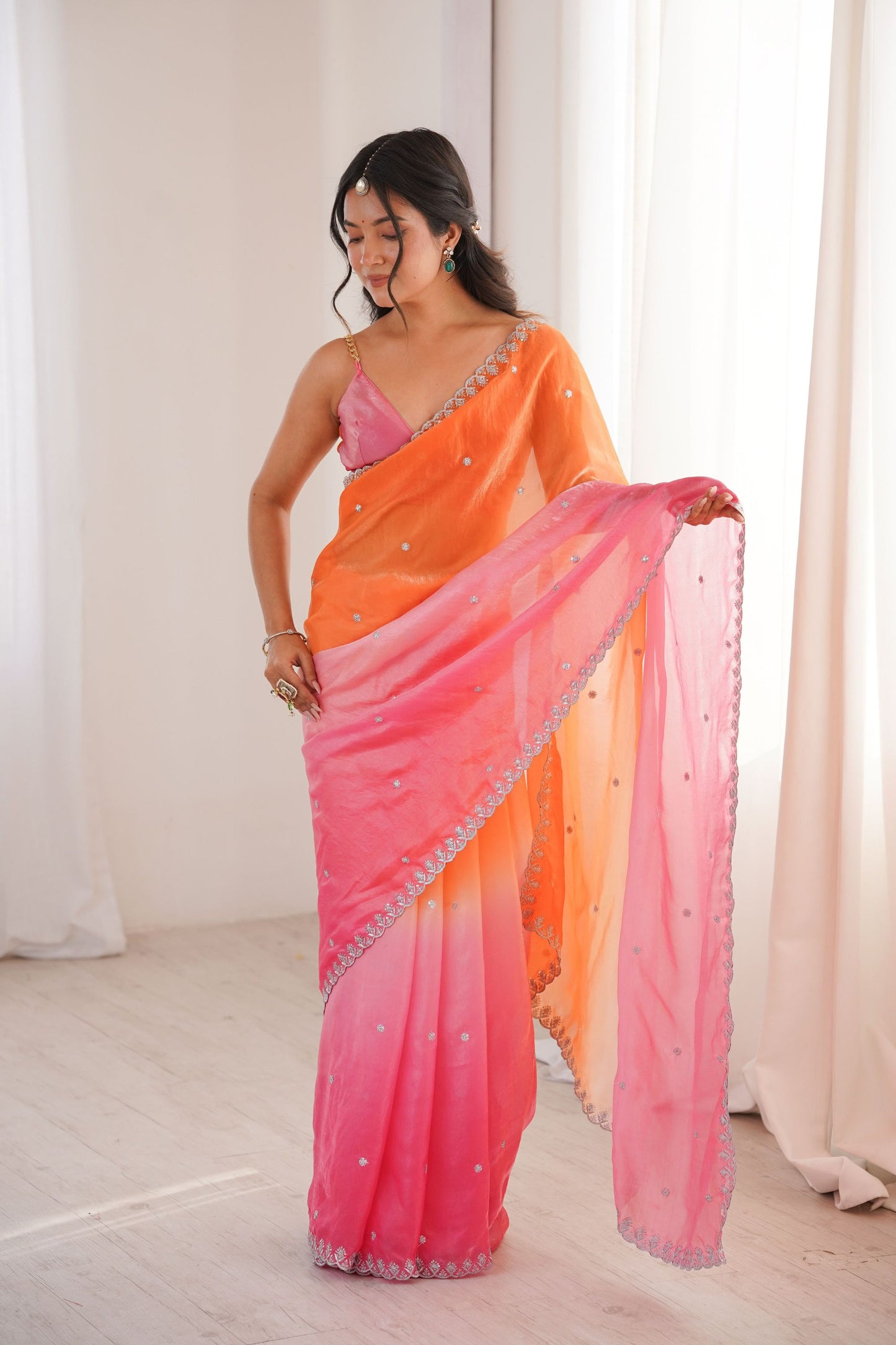 Peach Orange Hot Pink Ombre Organza Saree Embroidered Border