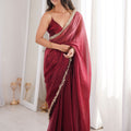 Wine Organza Silk Saree with Designer Golden Lace Border