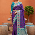 Purple Silk Saree Teal Green Contrast Border Traditional Wear