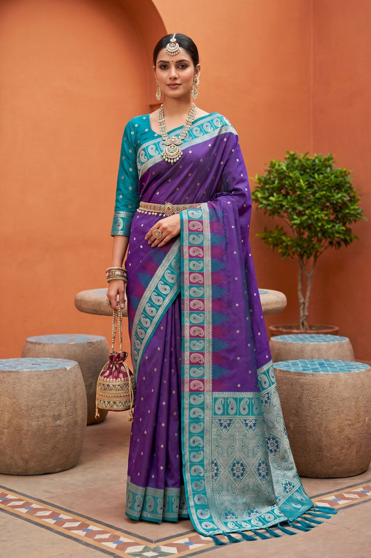 Purple Silk Saree Teal Green Contrast Border Traditional Wear