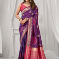 Purple Kanjivaram Silk Saree Pink Zari Border Gold Woven Motifs Saree