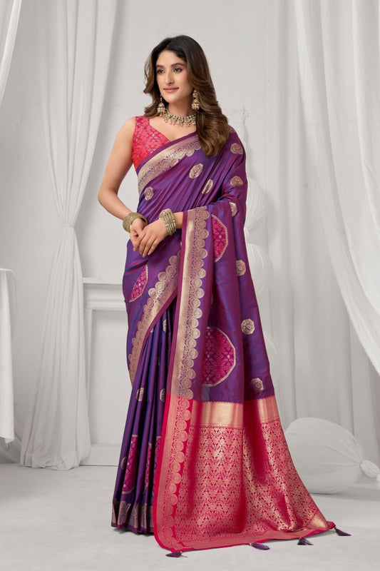 Purple Kanjivaram Silk Saree Pink Zari Border Gold Woven Motifs Saree