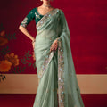 Designer Mint Green Silk Organza Saree with Heavy Embroidery Border 