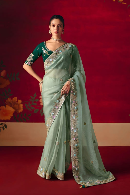 Designer Mint Green Silk Organza Saree with Heavy Embroidery Border 