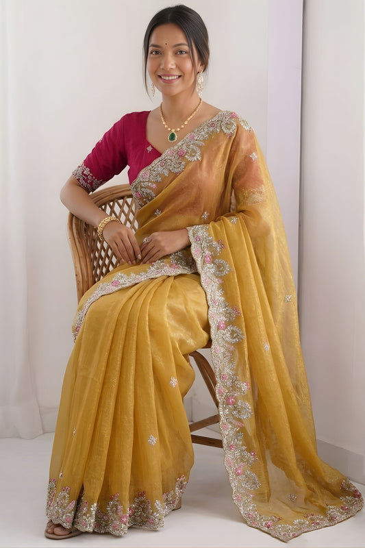 Mustard Yellow Tissue Silk Saree with Heavy Floral Embroidered Border