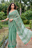 Mint Green Linen Cotton Saree Multicolor Floral Embroidery Tassel Pallu