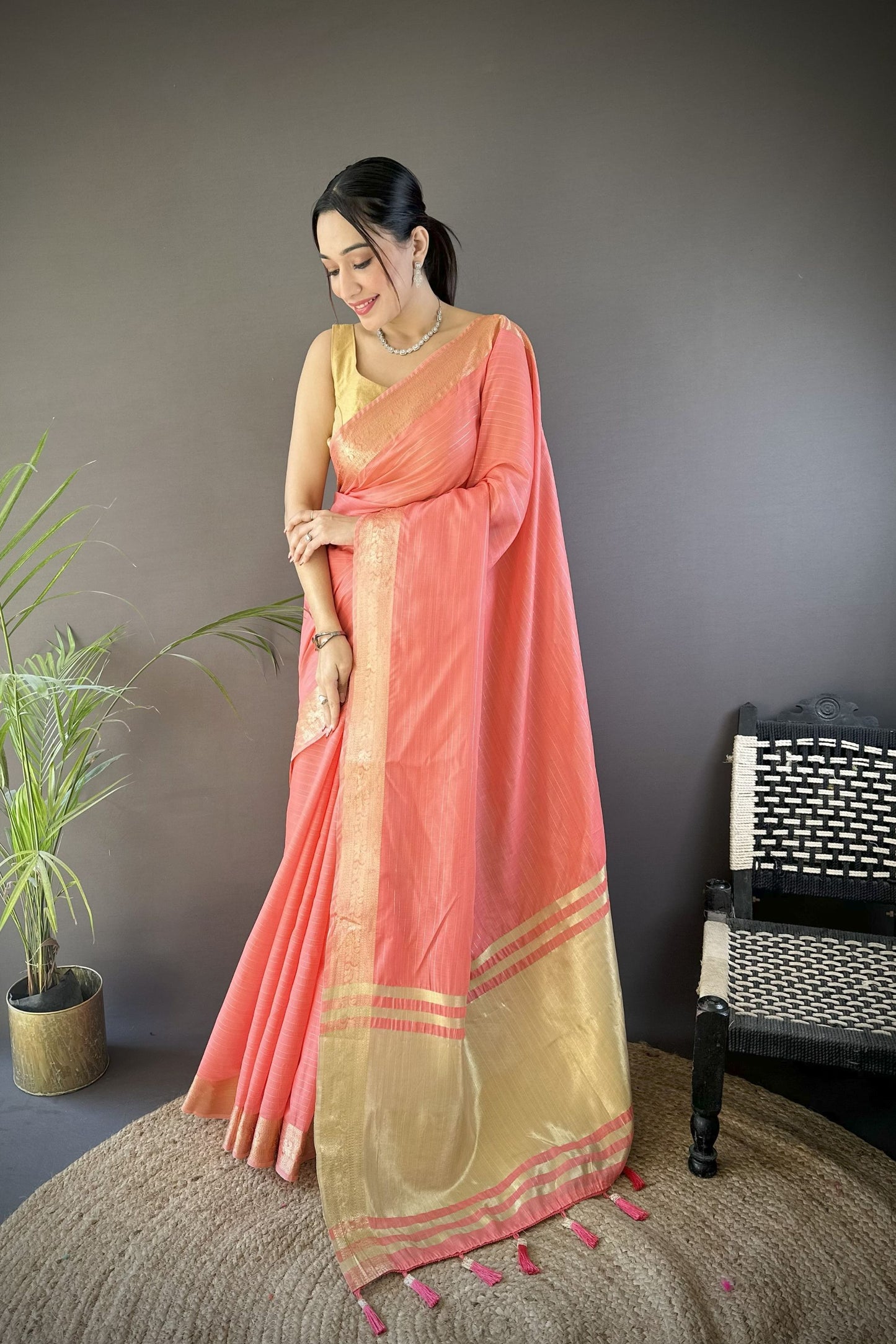  Pink Linen Silk Saree with Golden Zari Border Tassel Pallu 