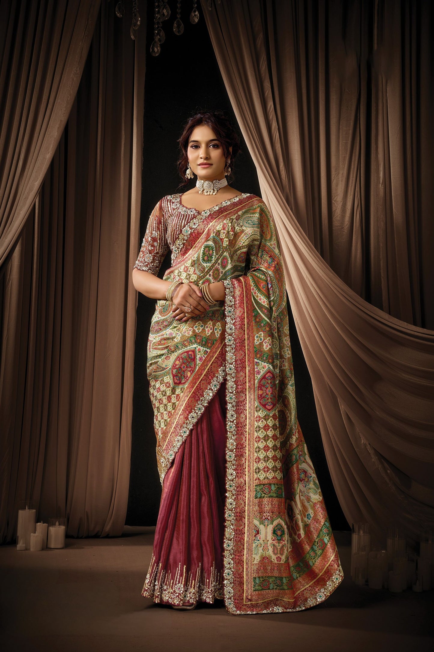Designer Multicolor Printed Saree Heavy Embroidered Border Blouse 