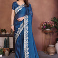 Teal Blue Satin Silk Saree Heavy Floral Embroidered Border Designer Blouse 