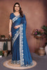  Teal Blue Satin Silk Saree Heavy Floral Embroidered Border Designer Blouse 