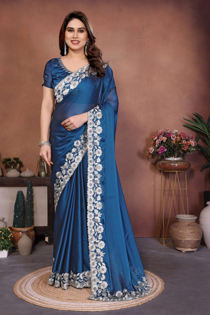  Teal Blue Satin Silk Saree Heavy Floral Embroidered Border Designer Blouse 