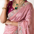 Pink Embroidered Satin Silk Saree with Designer Floral Border