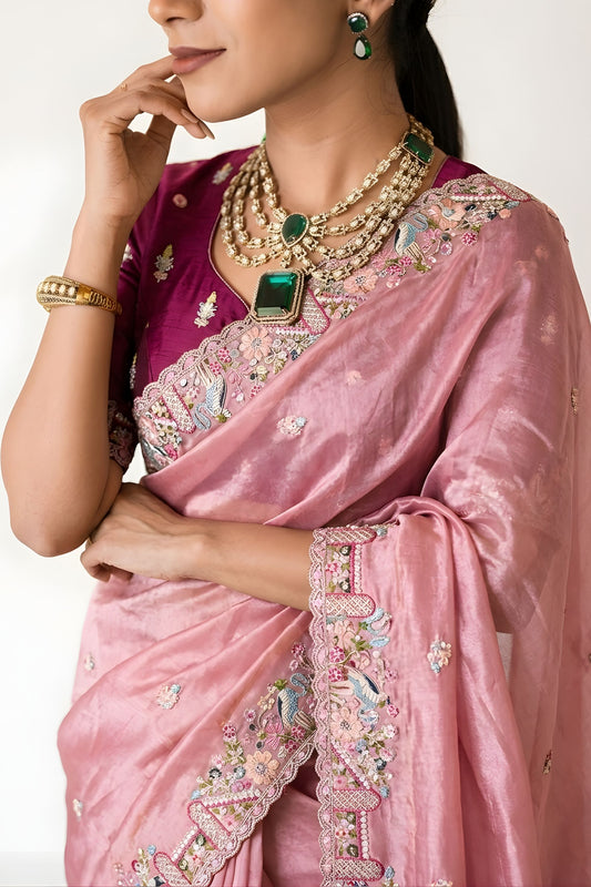 Pink Embroidered Satin Silk Saree with Designer Floral Border