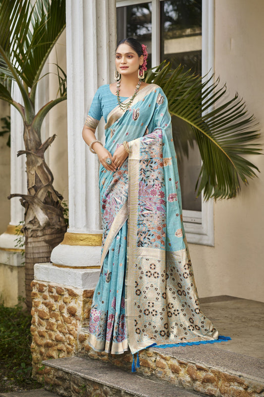 Sky Blue Banarasi Silk Saree with Zari  Pallu Festive Wear