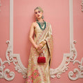 Cream Banarasi Embroidery Silk Saree Matching Blouse Festive Wear