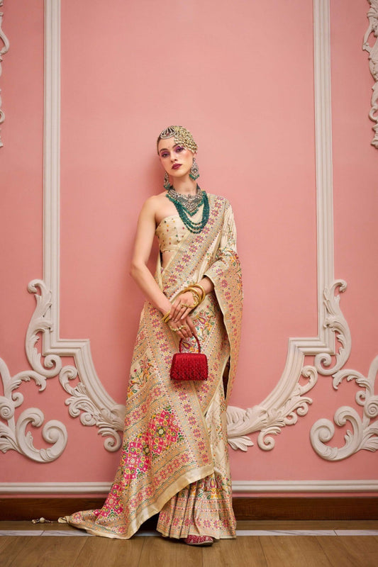 Cream Banarasi Embroidery Silk Saree Matching Blouse Festive Wear