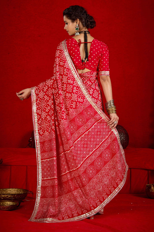 Red Bandhej Printed Georgette Saree Festive Wear