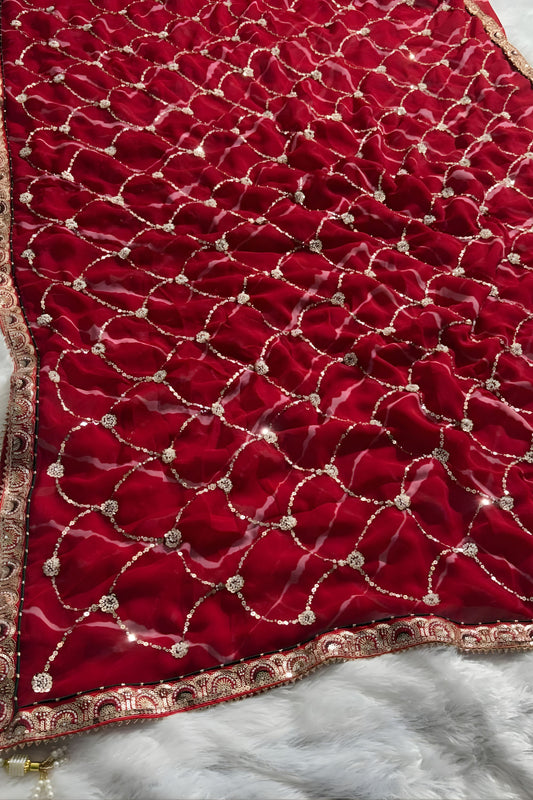 Designer Red Georgette Saree Print Embroidered Border Matching Blouse