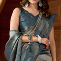 Teal Blue Silver Zari Woven Silk Saree Floral Motifs Traditional Saree