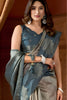 Teal Blue Silver Zari Woven Silk Saree Floral Motifs Traditional Saree