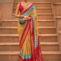 Mustard Yellow and Red Printed Linen Silk Saree Designer Border