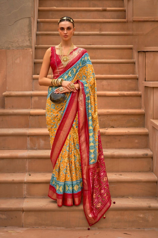 Mustard Yellow and Red Printed Linen Silk Saree Designer Border