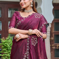 Wine Purple Silk Saree Embroidered Floral Border Designer Blouse