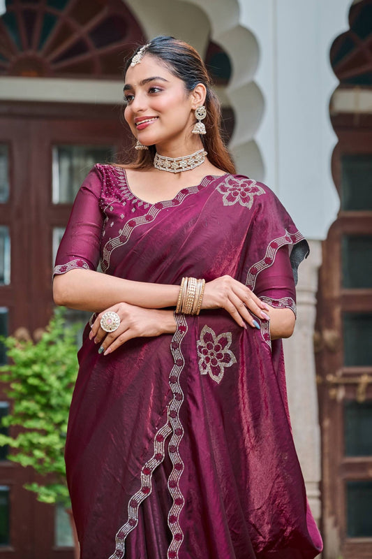 Wine Purple Silk Saree Embroidered Floral Border Designer Blouse