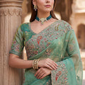 Sea Green Organza Silk Saree with Heavy Embroidery Designer Border