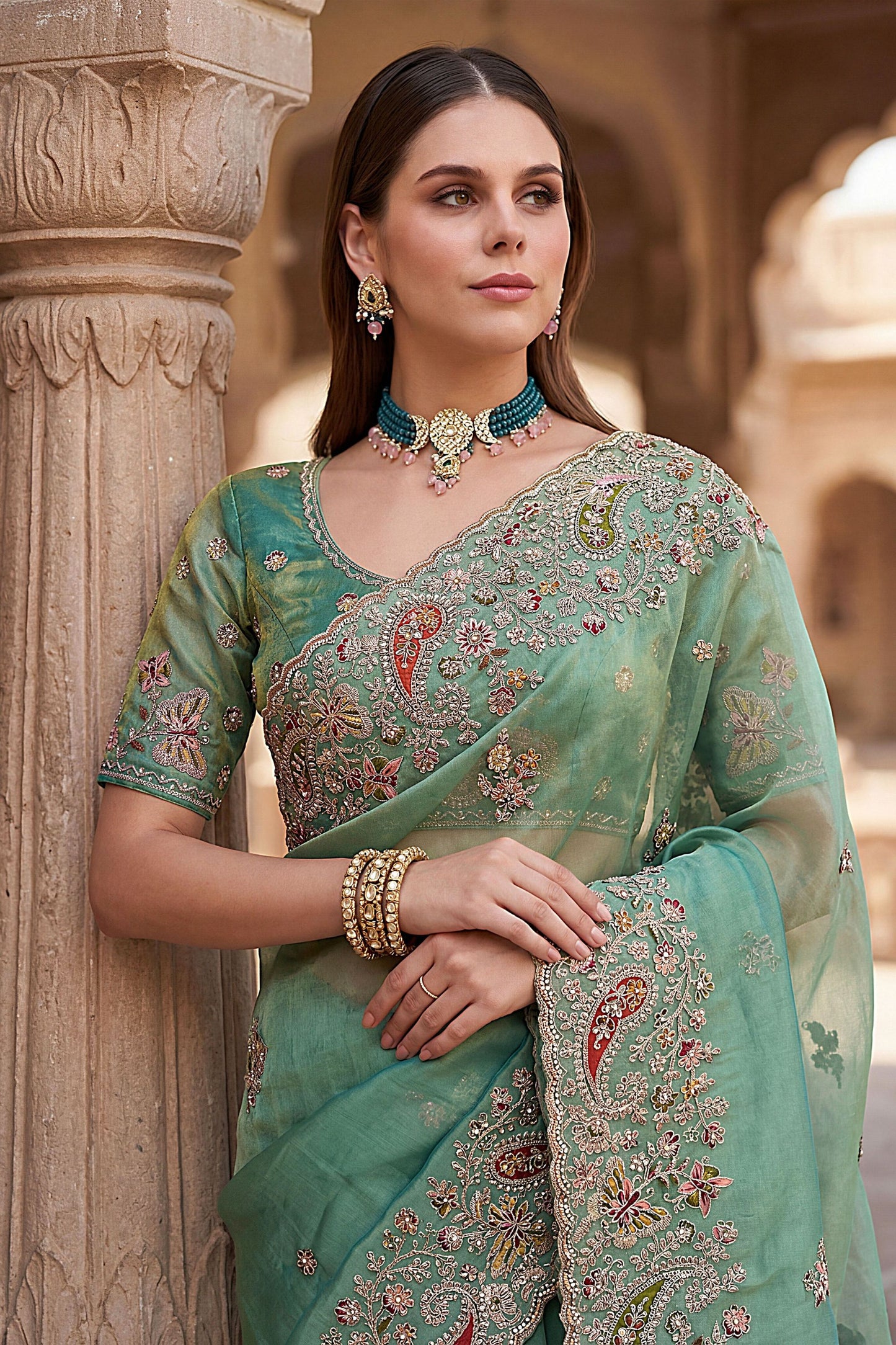Sea Green Organza Silk Saree with Heavy Embroidery Designer Border