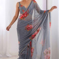 Grey Floral Printed Georgette Saree with Pearl Border Matching Blouse