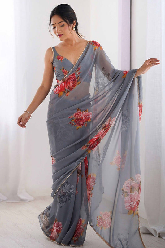 Grey Floral Printed Georgette Saree with Pearl Border Matching Blouse