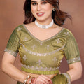 Olive Green Silk Blend Saree with Embroidered Border Designer Blouse