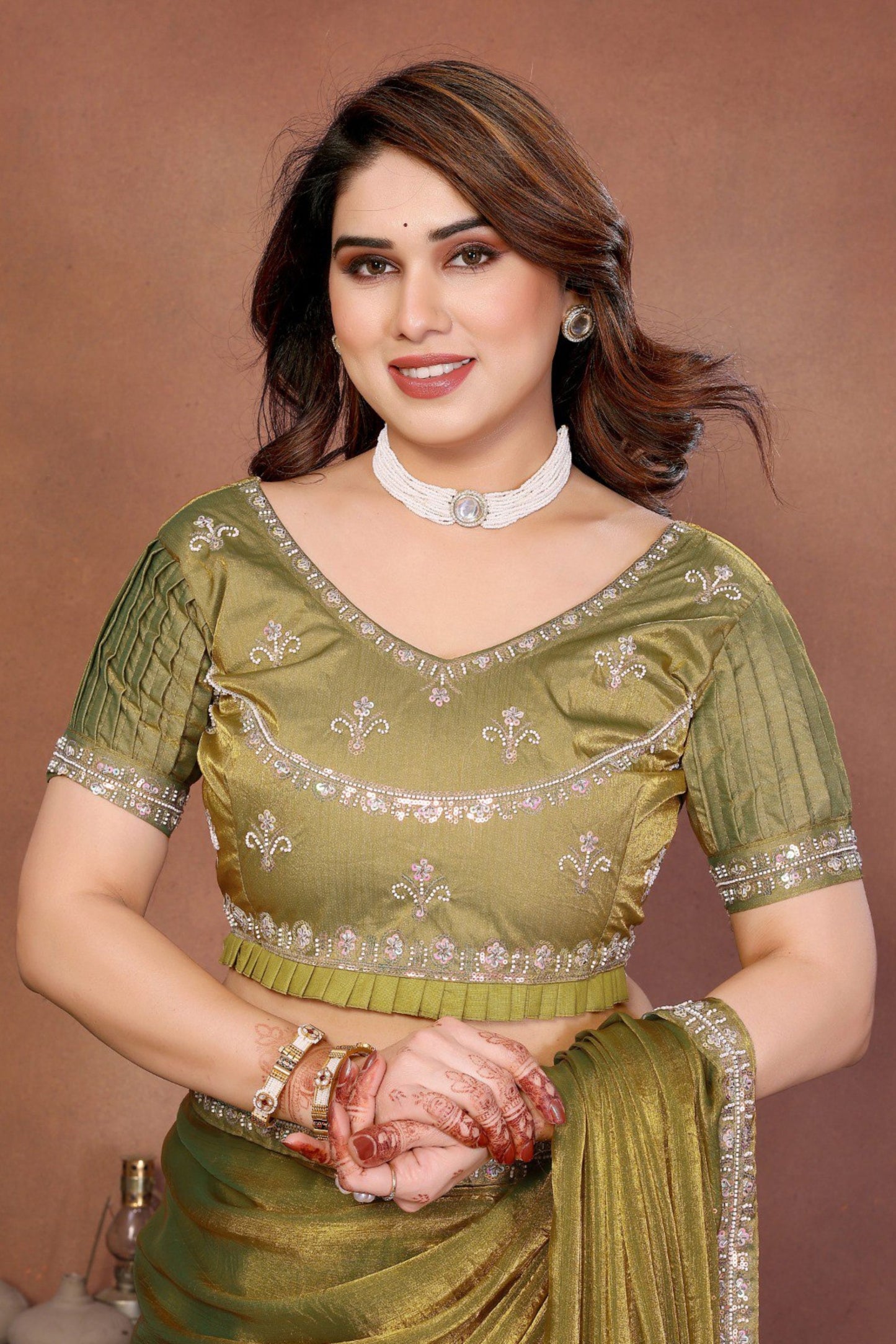 Olive Green Silk Blend Saree with Embroidered Border Designer Blouse