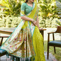 Lime Green Silk Saree with Teal Border Peacock Floral Weaving Work