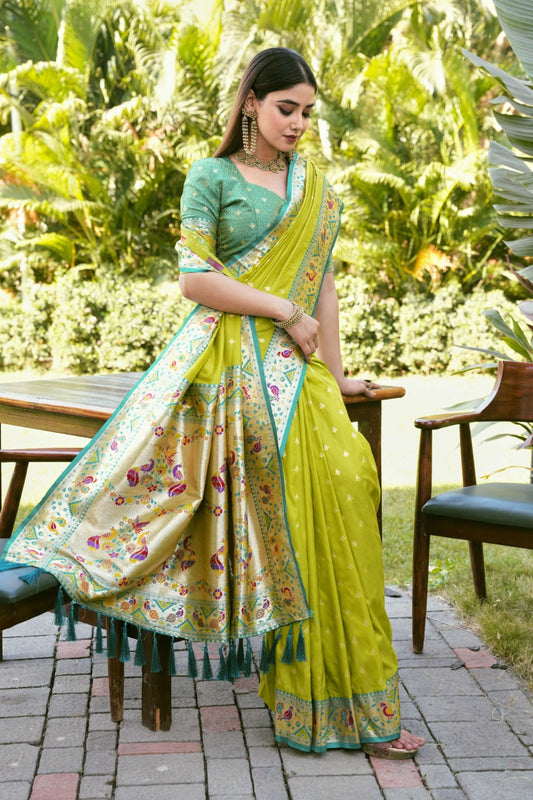 Lime Green Silk Saree with Teal Border Peacock Floral Weaving Work