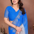 Royal Blue and Grey Georgette Saree Embroidered Border Work