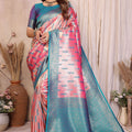 Teal Blue Pink Banarasi Silk Saree with Rich Zari Weaving and Contrast Border