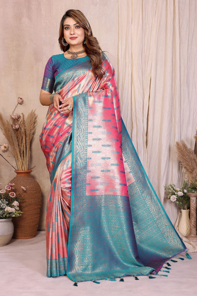 Teal Blue Pink Banarasi Silk Saree with Rich Zari Weaving and Contrast Border