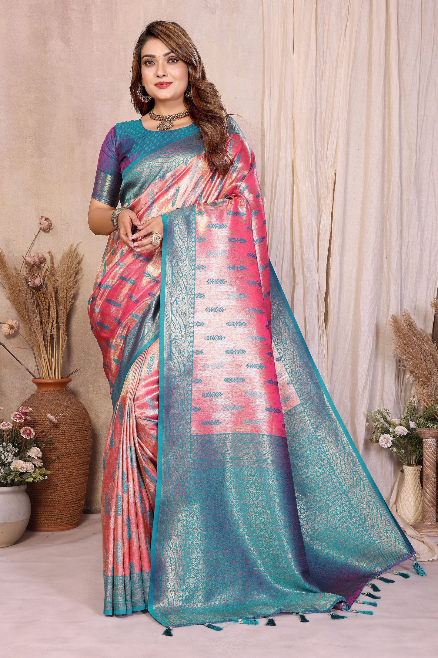 Teal Blue Pink Banarasi Silk Saree with Rich Zari Weaving and Contrast Border