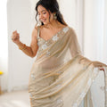 Elegant Beige Designer Embroidered Saree with Silver Floral Work Party Wear