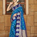 Teal Blue Navy Banarasi Silk Saree Silver Zari Peacock Motifs Saree
